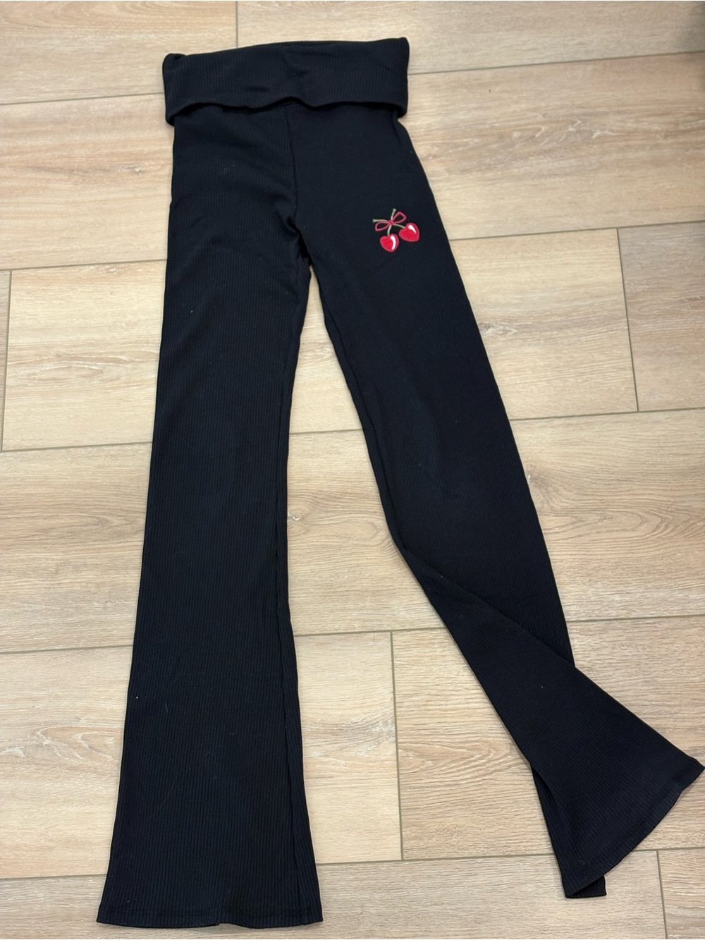 Girls' Black Ribbed Flare Leggings with Cherry Accent